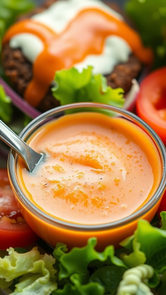 Creamy zesty burger bowl sauce in a bowl, surrounded by vegetables and a burger bowl.